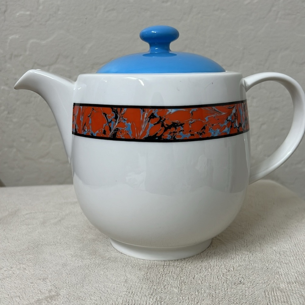 Beautiful Portmeirion Noritake Teapot Novella Firestorm Fiery Strip Blue Lid